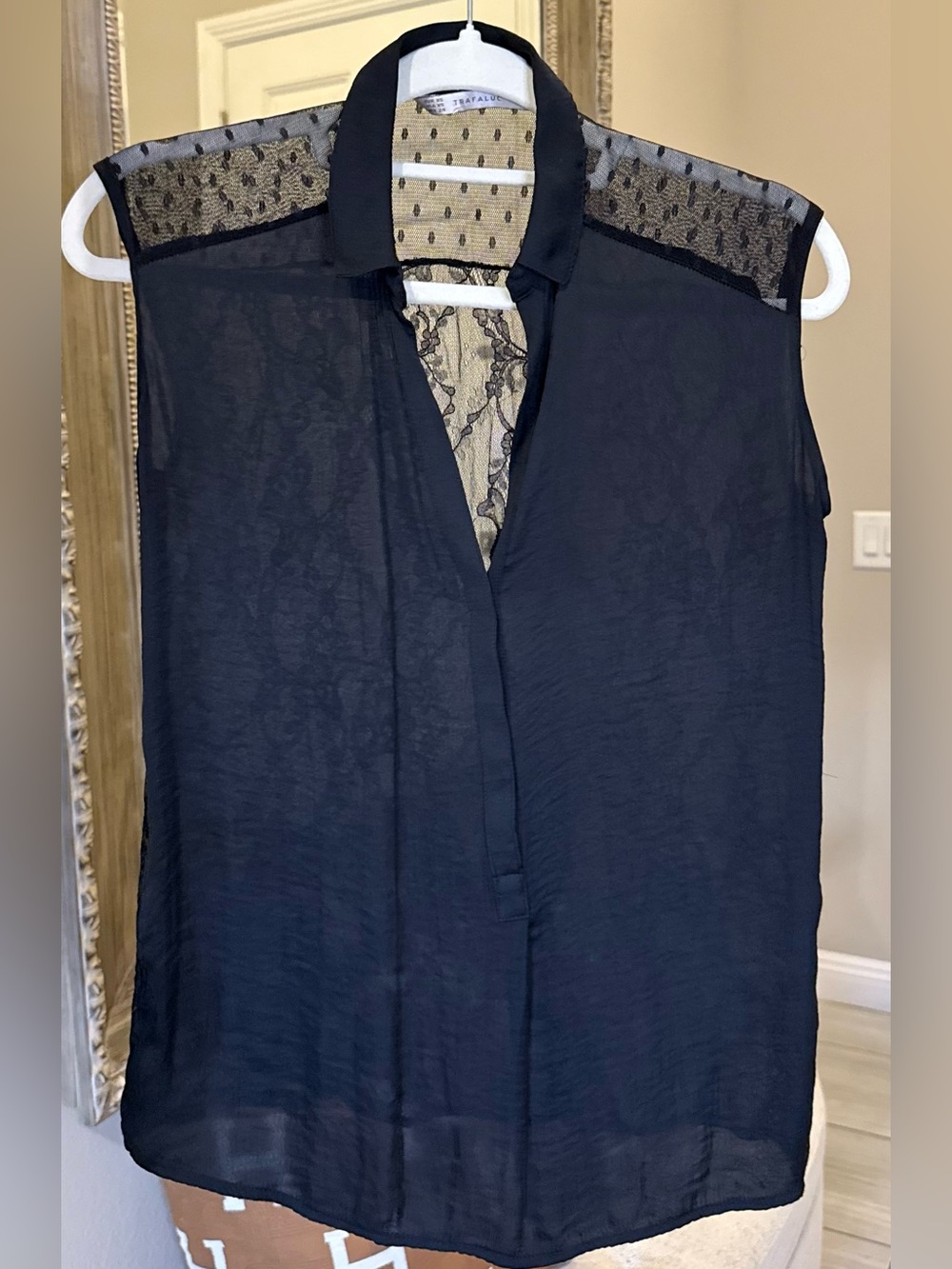 Zara Black Sheer Sleeveless Camisole with Lace Yoke